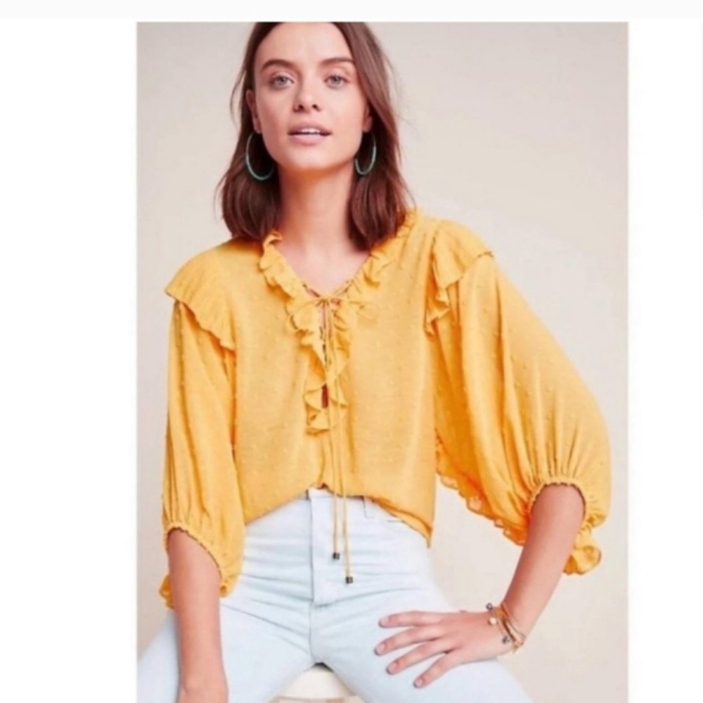 Anthropologie Yellow Swiss Dot Haida Peasant Top Sz S